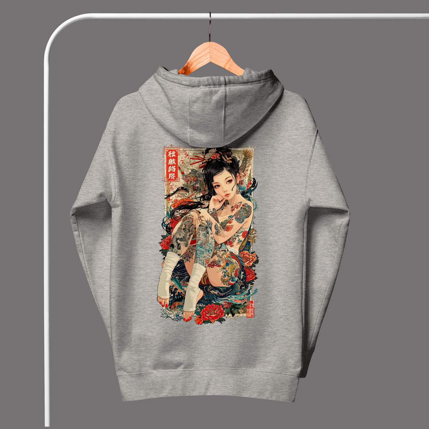 back view of carbon grey Irezumi Unisex Premium Hoodie | Cotton Heritage on a hanger