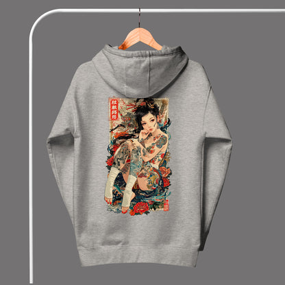 back view of carbon grey Irezumi Unisex Premium Hoodie | Cotton Heritage on a hanger