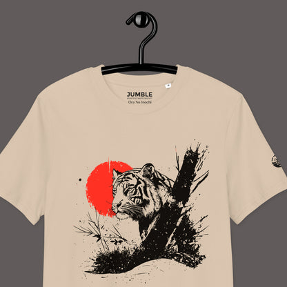 closeup of desert dust Ora No Inochi premium Unisex organic cotton t-shirt on a hanger