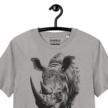 closeup of heather grey Tā Moko Rhino Premium Unisex organic cotton t-shirt on a hanger