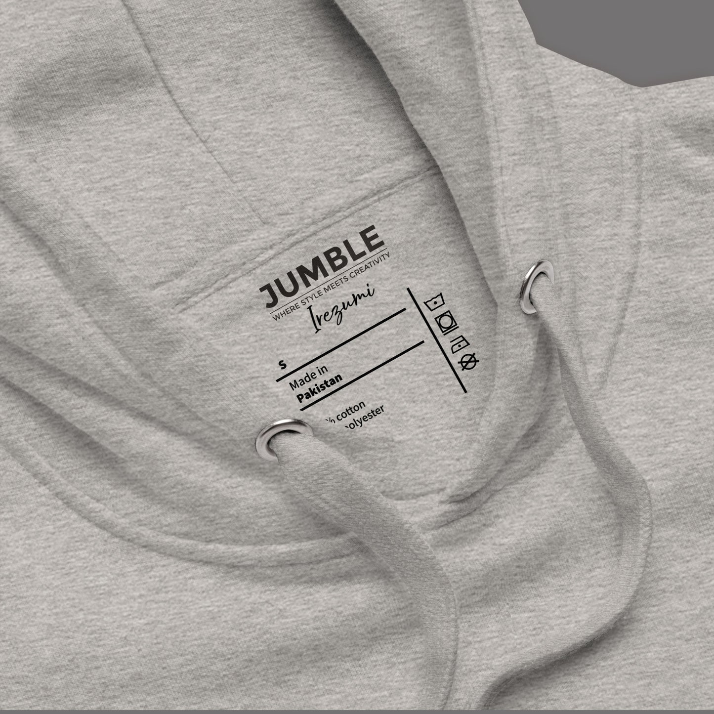 closeup of label on a carbon grey Irezumi Unisex Premium Hoodie | Cotton Heritage