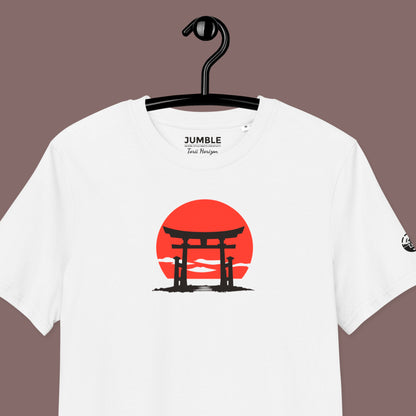 closeup of white Torii Horizon Premium Unisex organic cotton t-shirt on a hanger