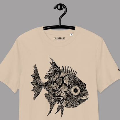 closeup of desert dust Puffer's Maze Premium Unisex organic cotton t-shirt on hanger