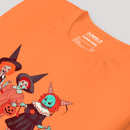 closeup of folded burnt orange Clownish Terrors Unisex t-shirt