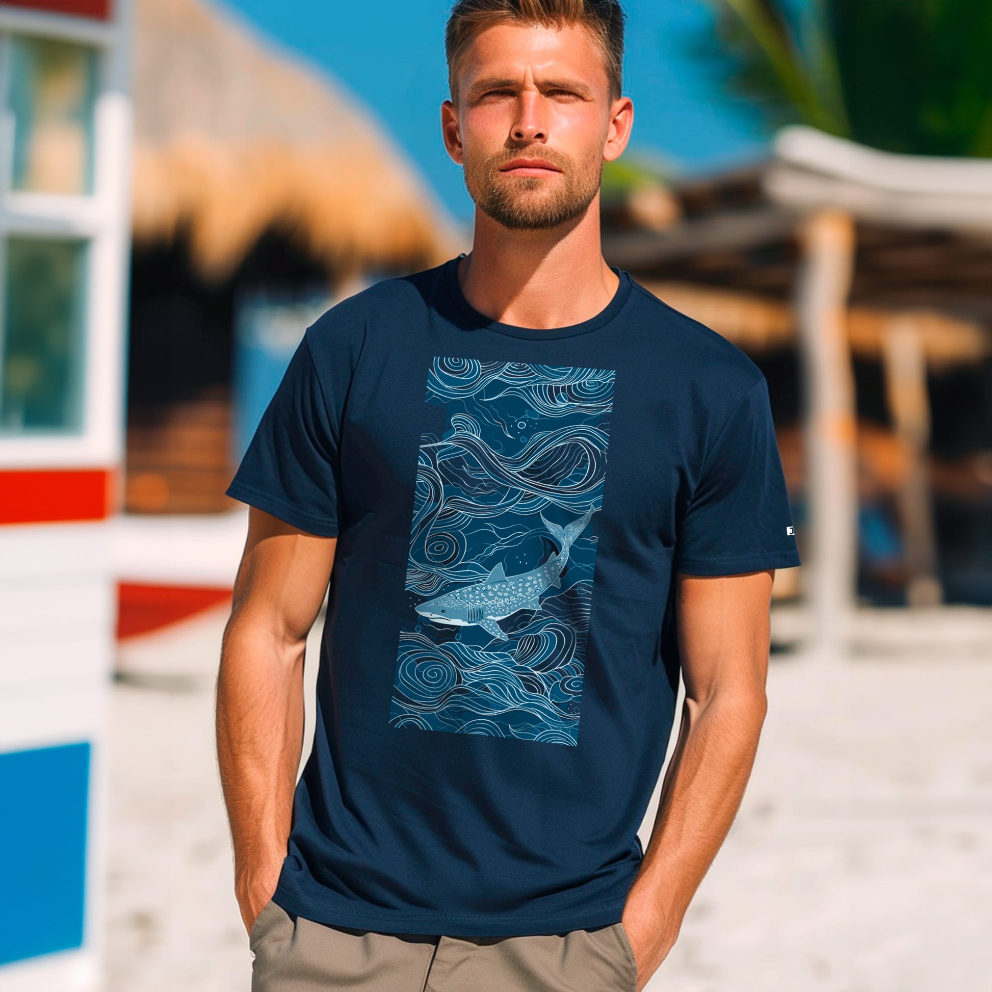 model wearing navy Elegant Prowl Unisex t-shirt on a beach