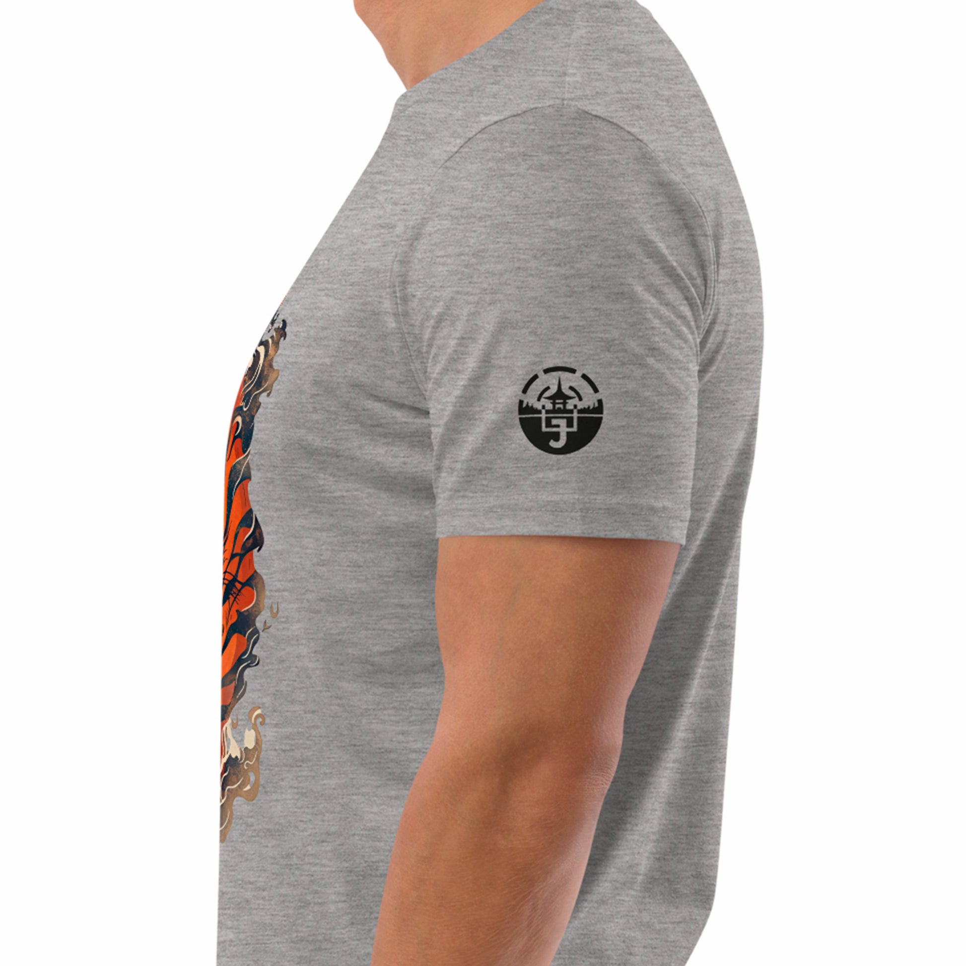 left sleeve logo on a heather grey Tora 虎 Premium organic cotton t-shirt