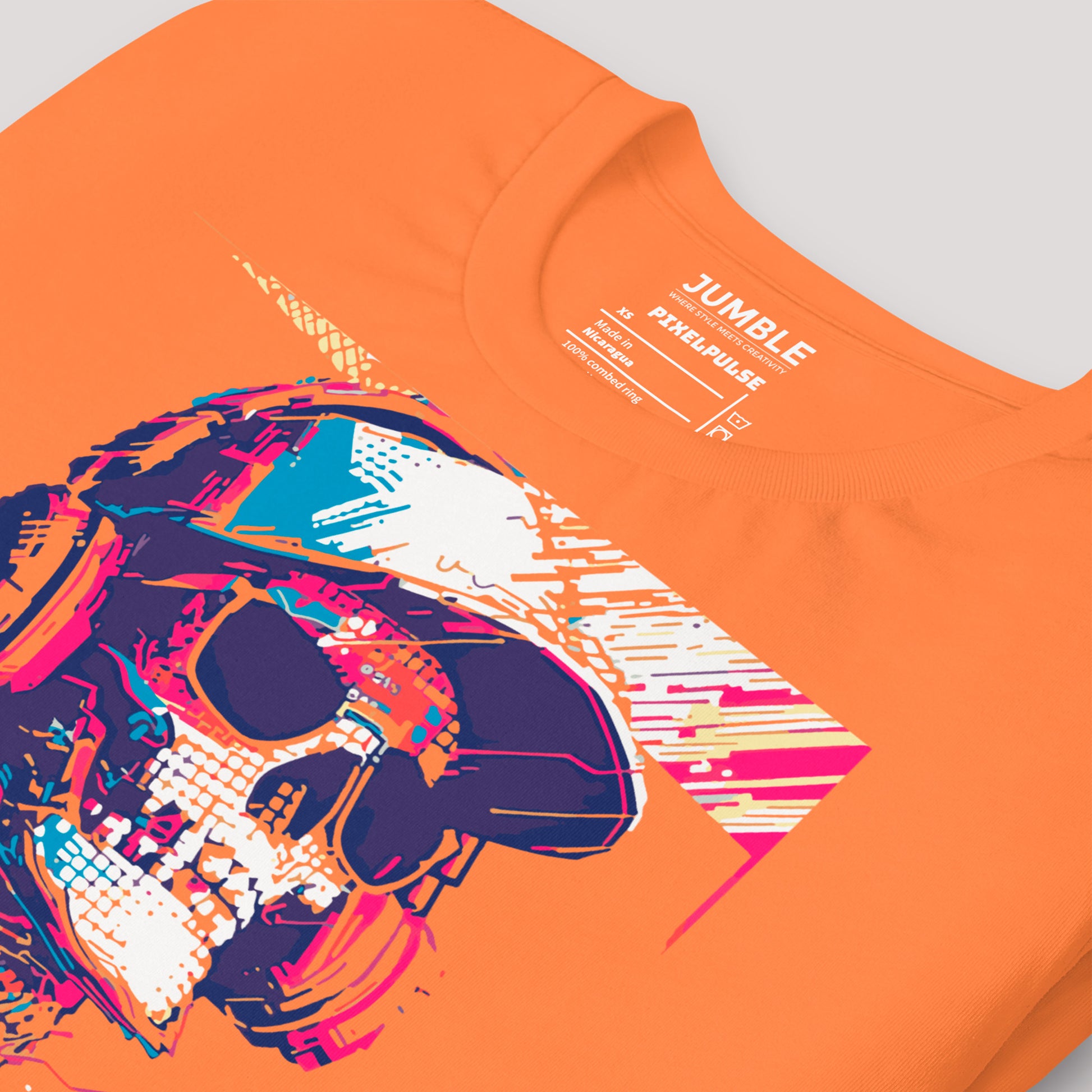 closeup of burnt orange PixelPulse Unisex t-shirt