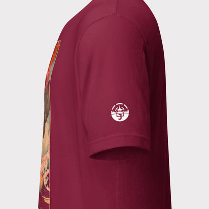 sleeve logo on maroon Fuji's Fury Unisex t-shirt