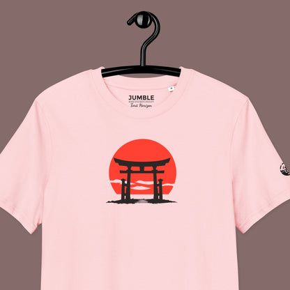 closeup of pink Torii Horizon Premium Unisex organic cotton t-shirt on a hanger