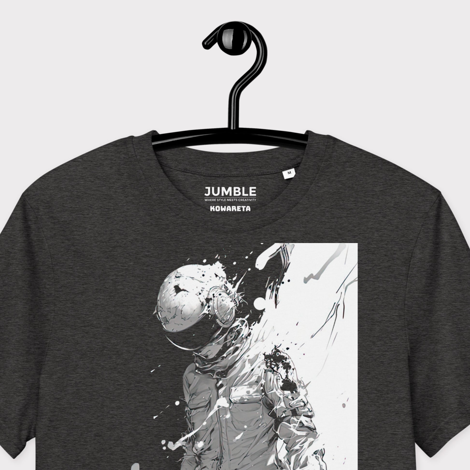 closeup of dark heather grey Kowareta Premium Unisex organic cotton t-shirt on a hanger