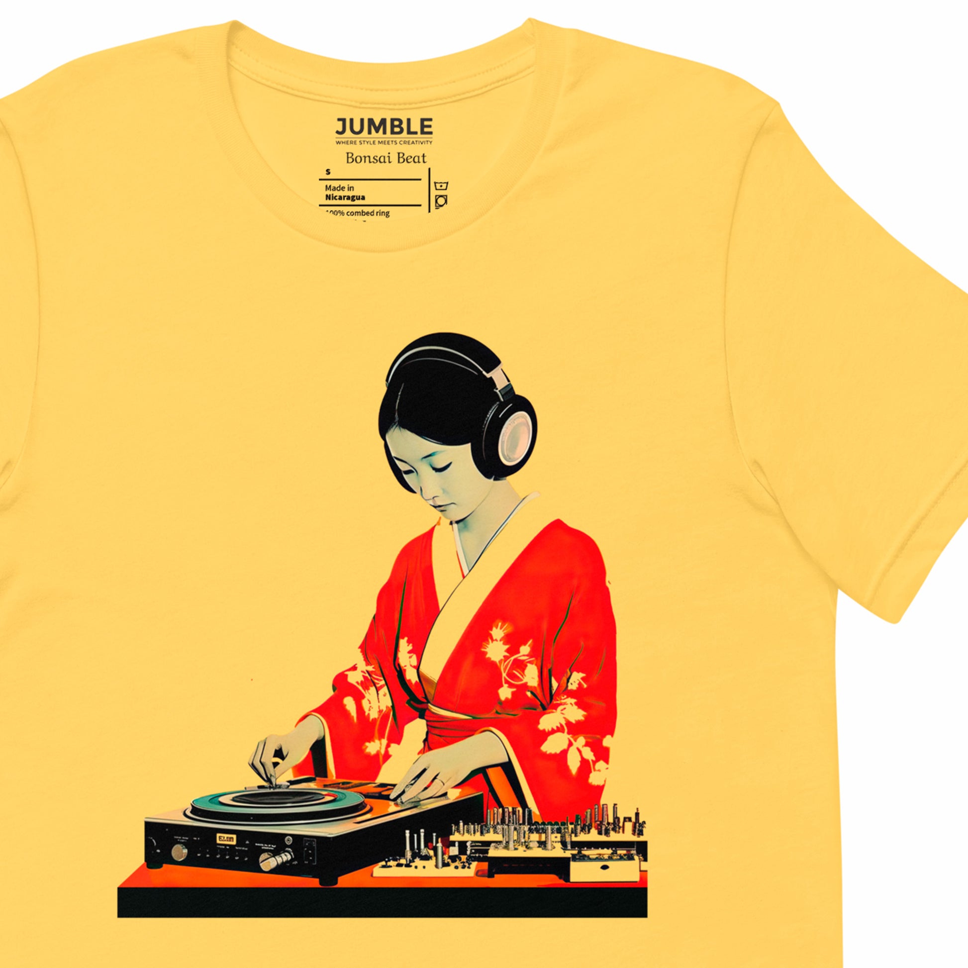 closeup of art on yellow Bonsai Beat Unisex t-shirt