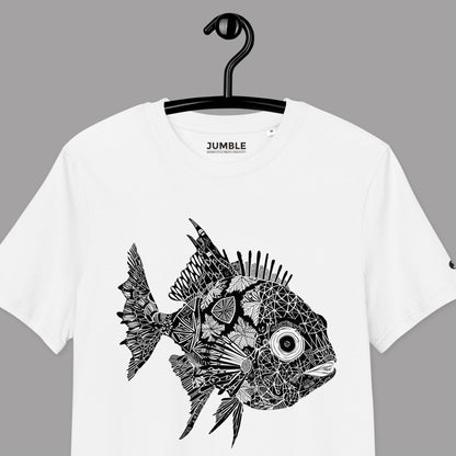 closeup of white Puffer's Maze Premium Unisex organic cotton t-shirt on a hanger