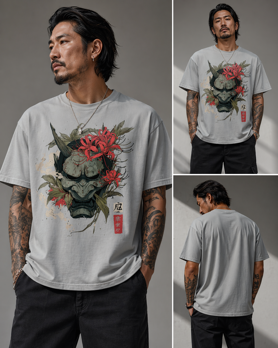 Man wearing a t-shirt with a graphic design of a mask and flowers, shown from front, back, and side views.
