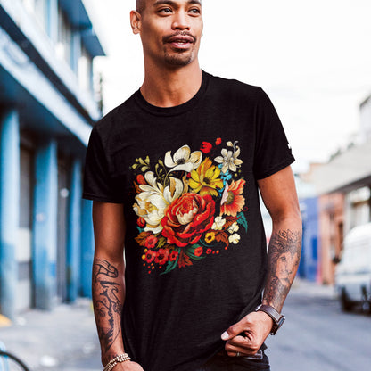 Male Model Wearing In bloom Organic Cotton Unisex Tee - Black Color