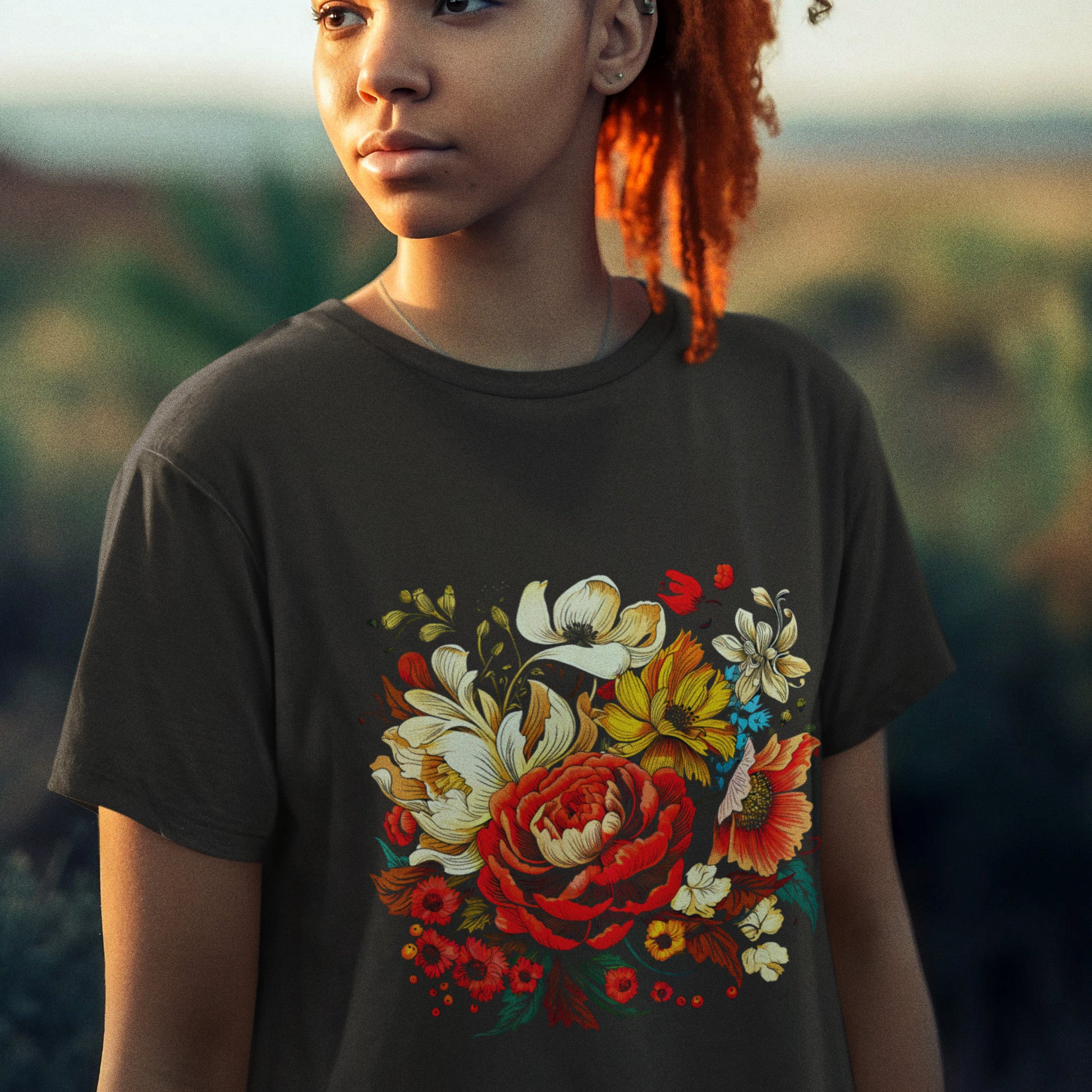 Model Wearing In Bloom Unisex T-Shirt - Brown Colour