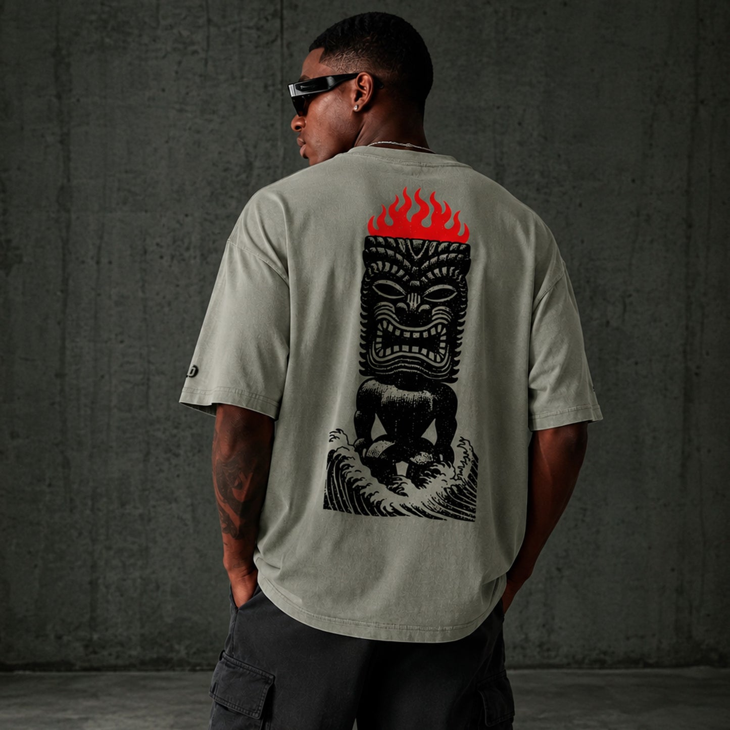 Tiki Inferno Oversized faded t-shirt (back print)