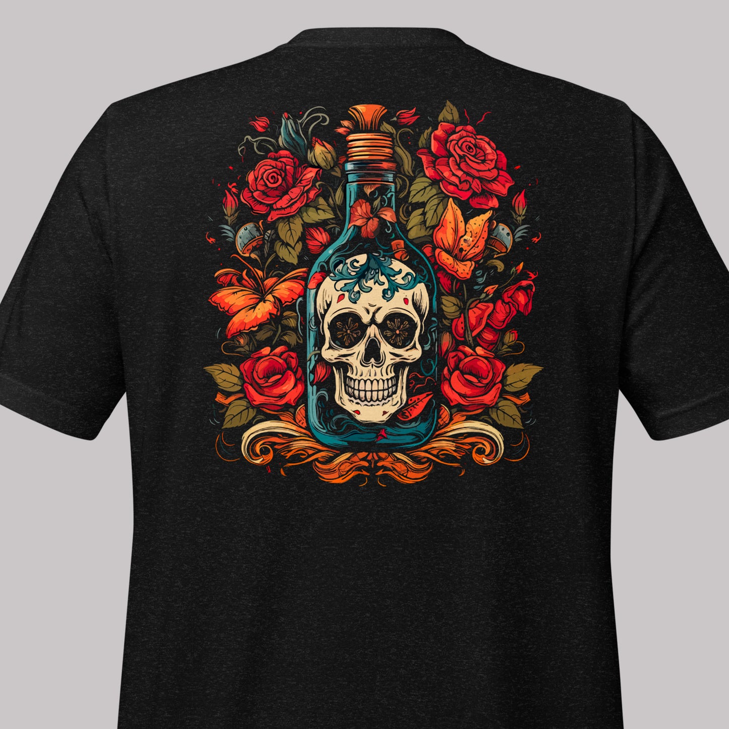 closeup of back artwork on black heather Doomed Desolation Unisex t-shirt