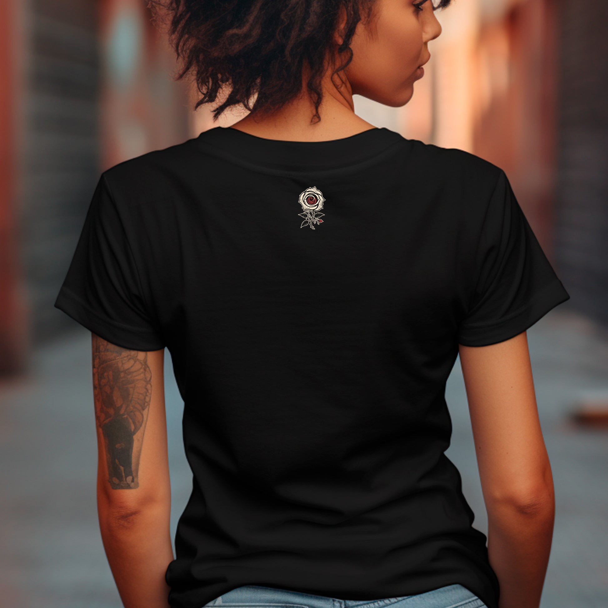 back view of female model wearing Inked Romance Unisex organic cotton t-shirt