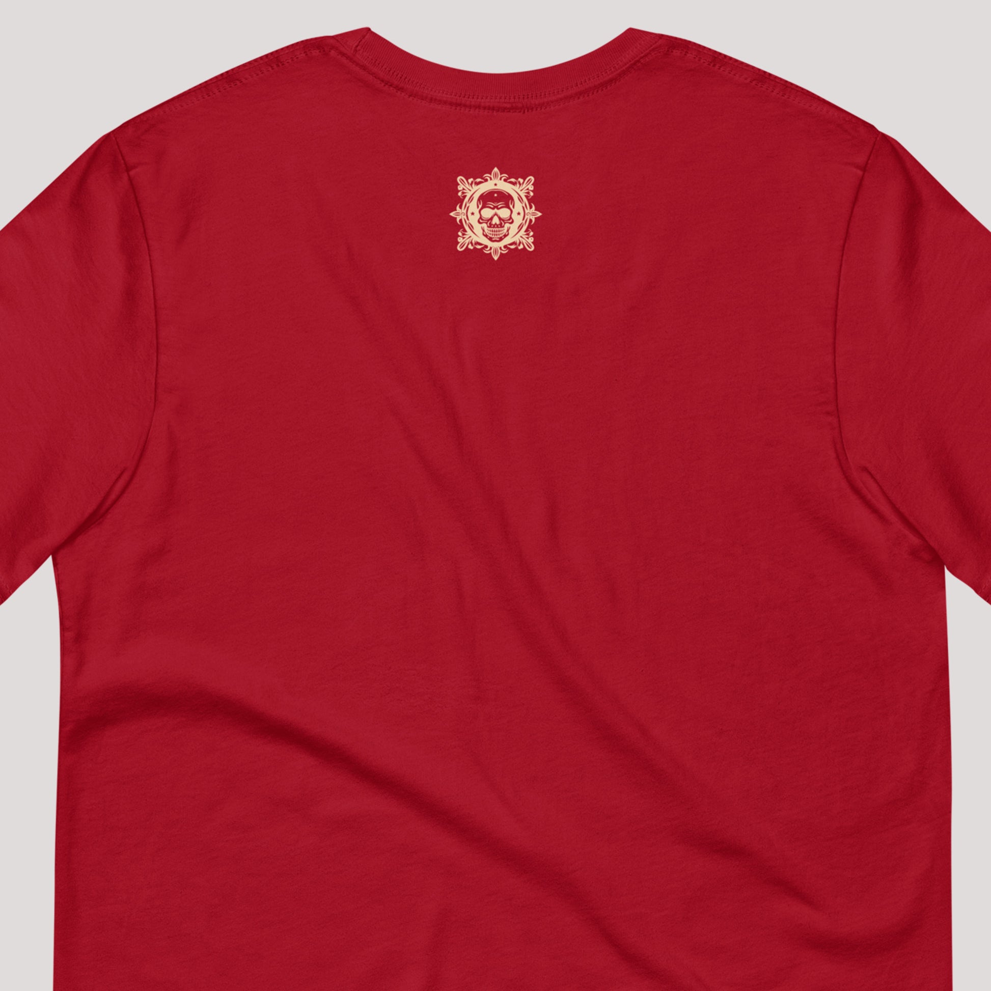 closeup of skull art on back of cardinal Coiled Grace Unisex t-shirt