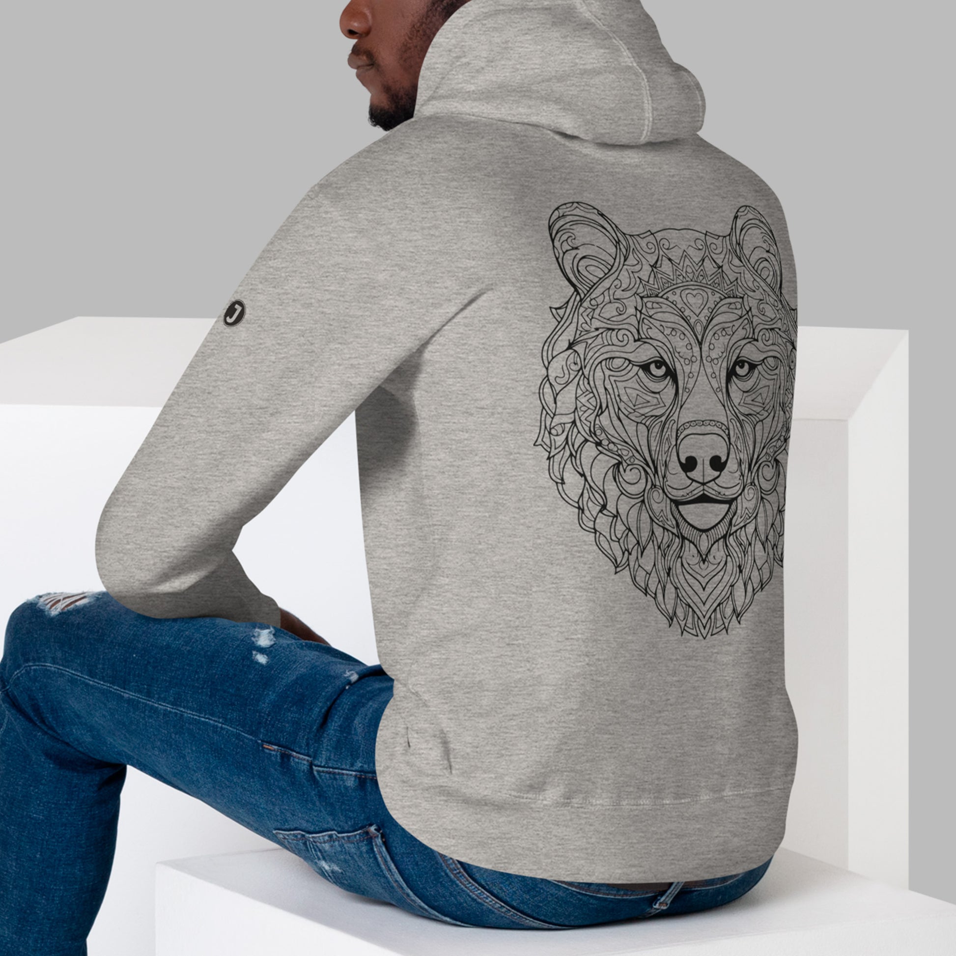 back view of model wearing carbon grey Bearing Angles Unisex Premium Hoodie | Cotton Heritage