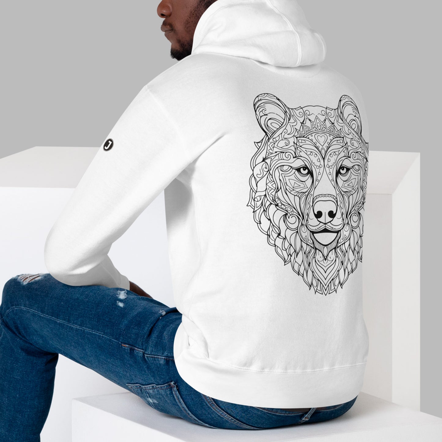 back view of model wearing white Bearing Angles Unisex Premium Hoodie | Cotton Heritage