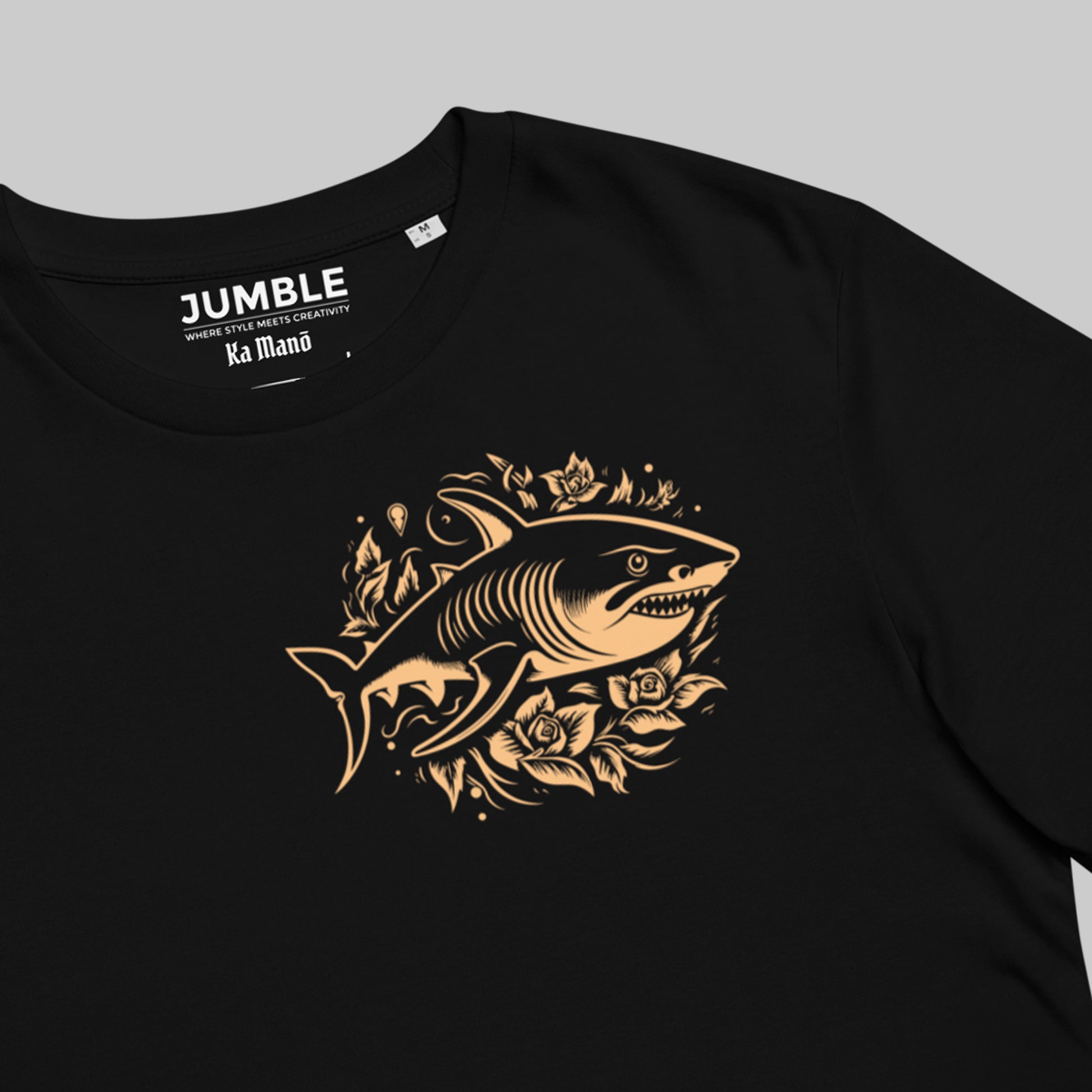 closeup of shark artwork on black Ka Manō Unisex organic cotton t-shirt