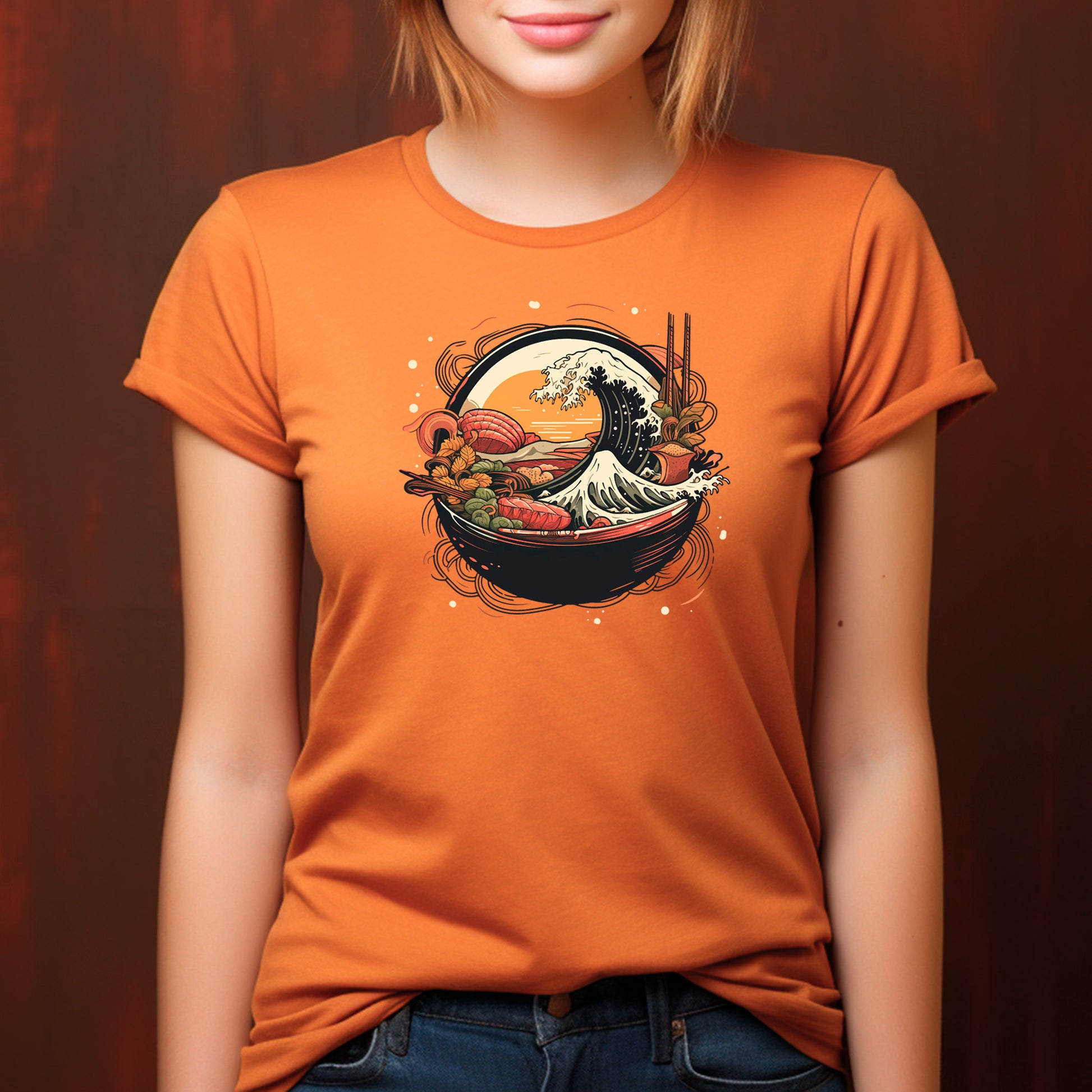 model wearing a burnt orange Ramen Wave Unisex t-shirt 