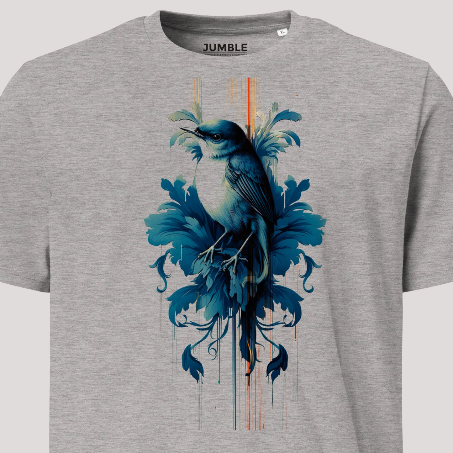 closeup of art on heather grey Avian Nouveau Unisex organic cotton t-shirt
