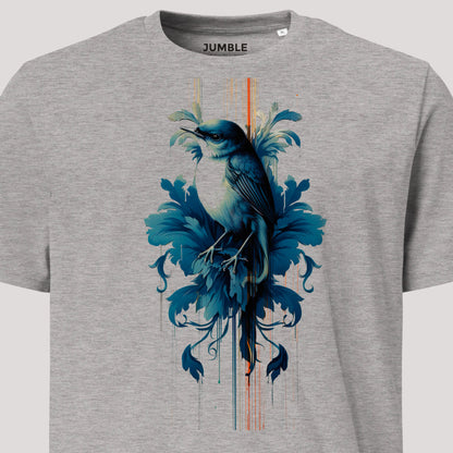 closeup of art on heather grey Avian Nouveau Unisex organic cotton t-shirt