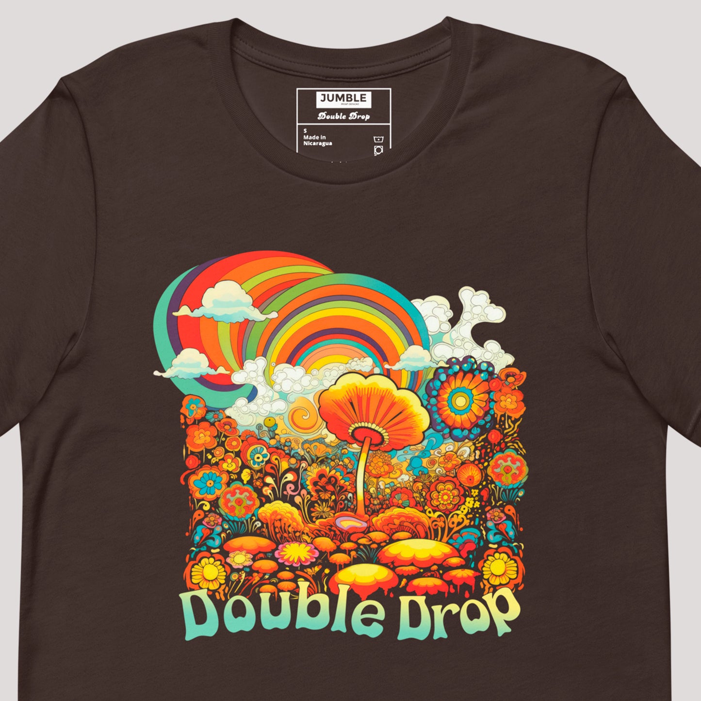 closeup of artwork on Double Drop Unisex t-shirt- in brown
