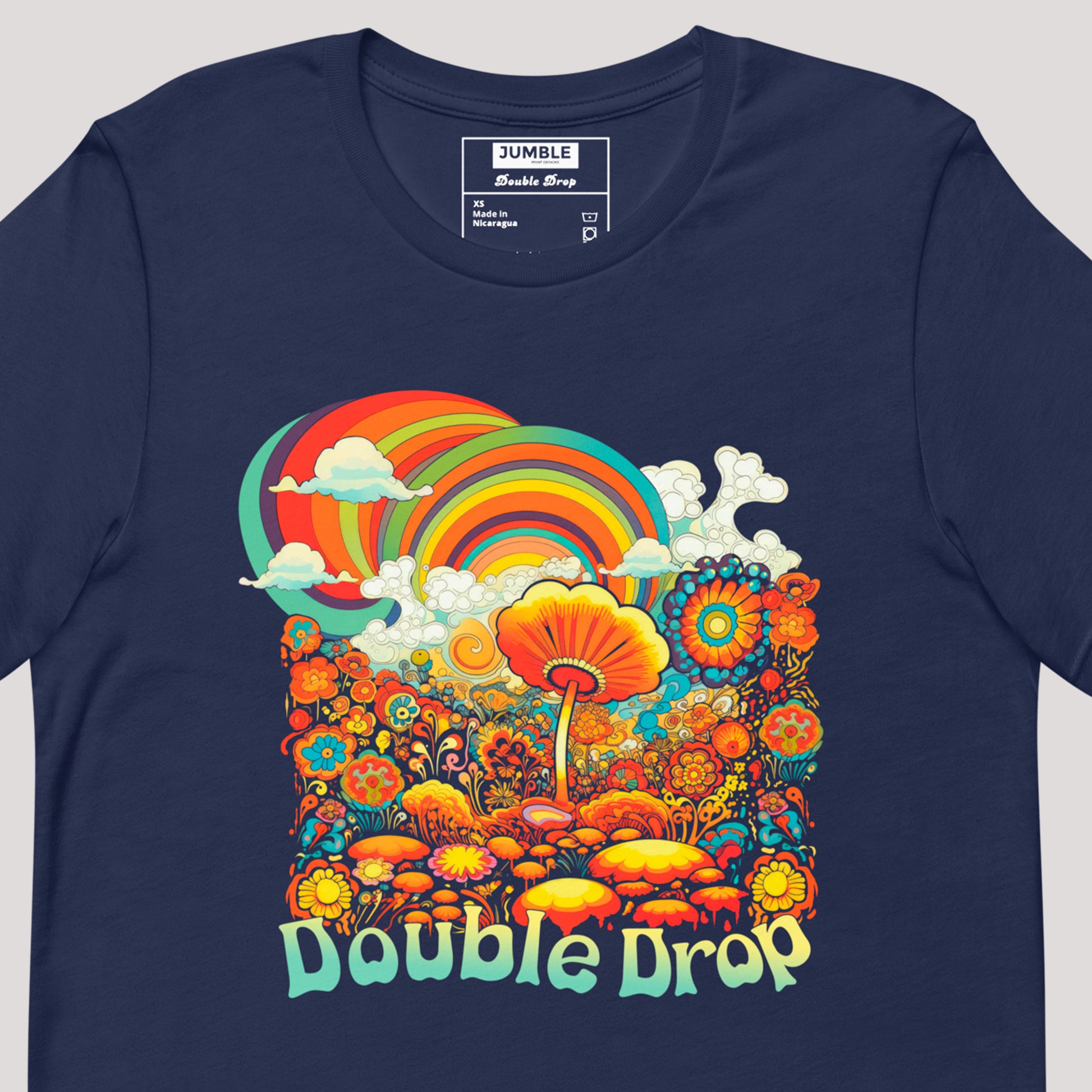 closeup of artwork on Double Drop Unisex t-shirt- in navy