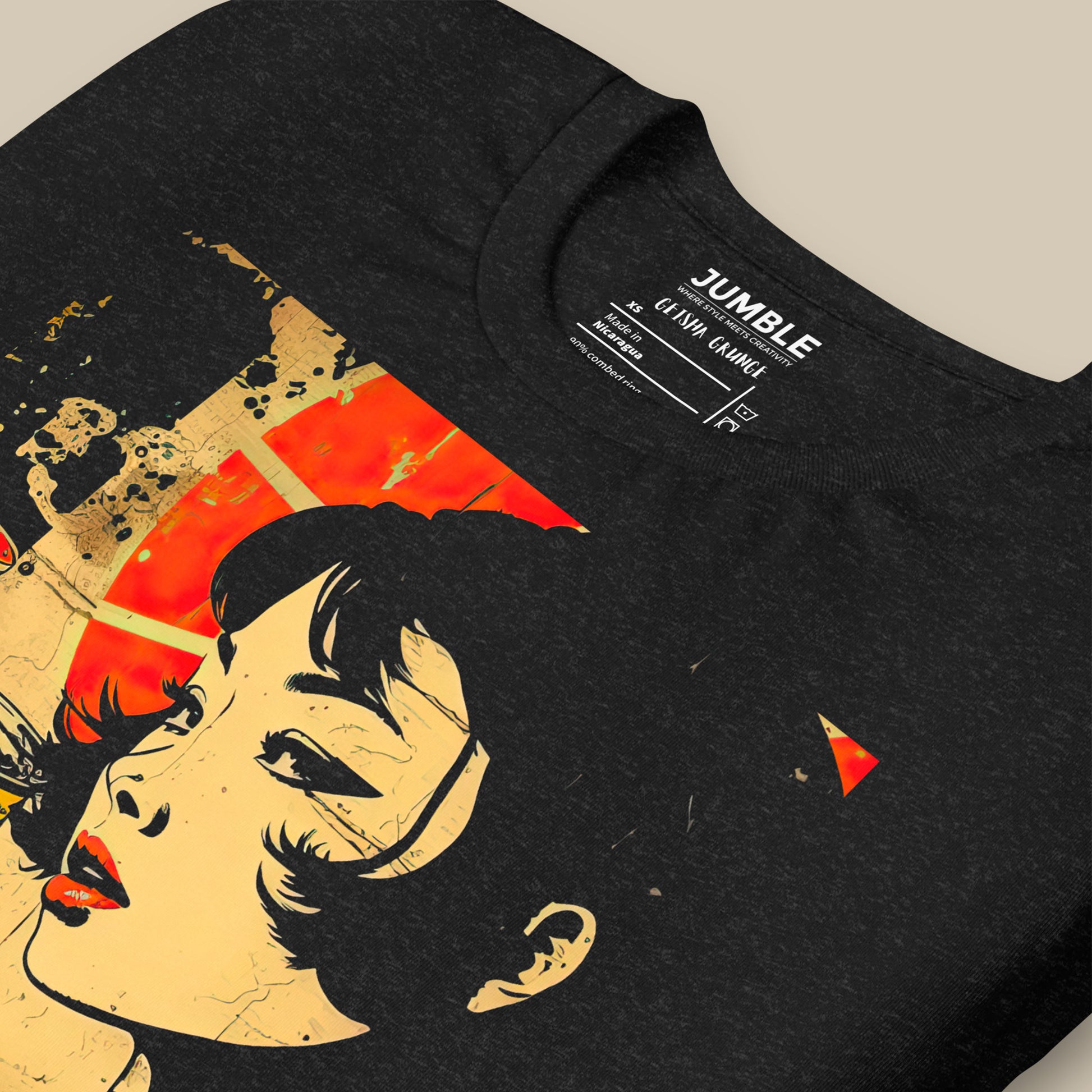 closeup of black heather Geisha Grunge Unisex t-shirt