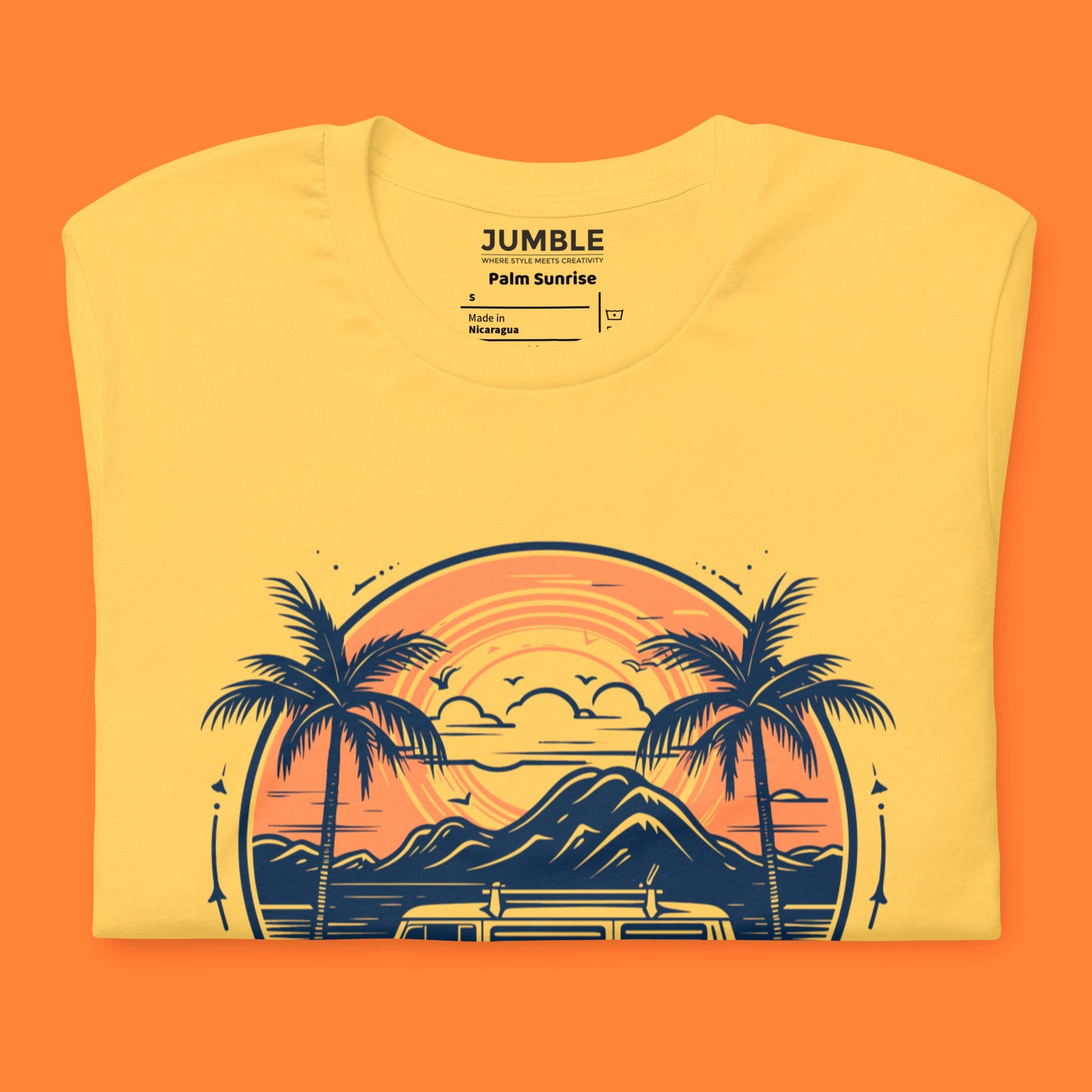 closeup of folded yellow Palm Sunrise Unisex t-shirt