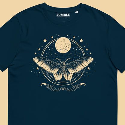 closeup of french navy Luna Glow Unisex organic cotton t-shirt