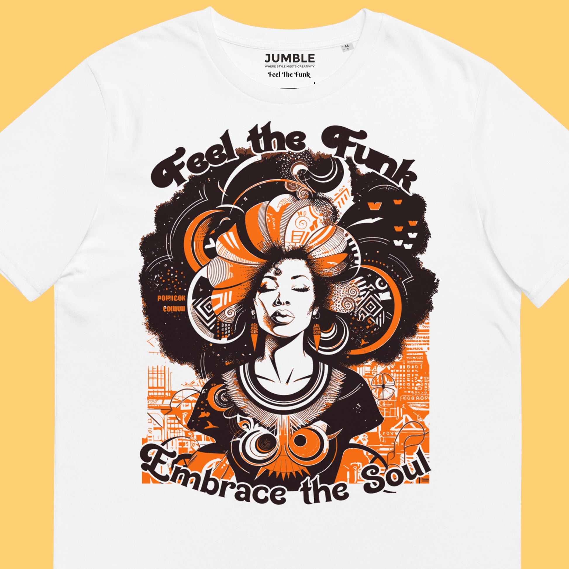 closeup of artwork on white Feel The Funk organic cotton t-shirt