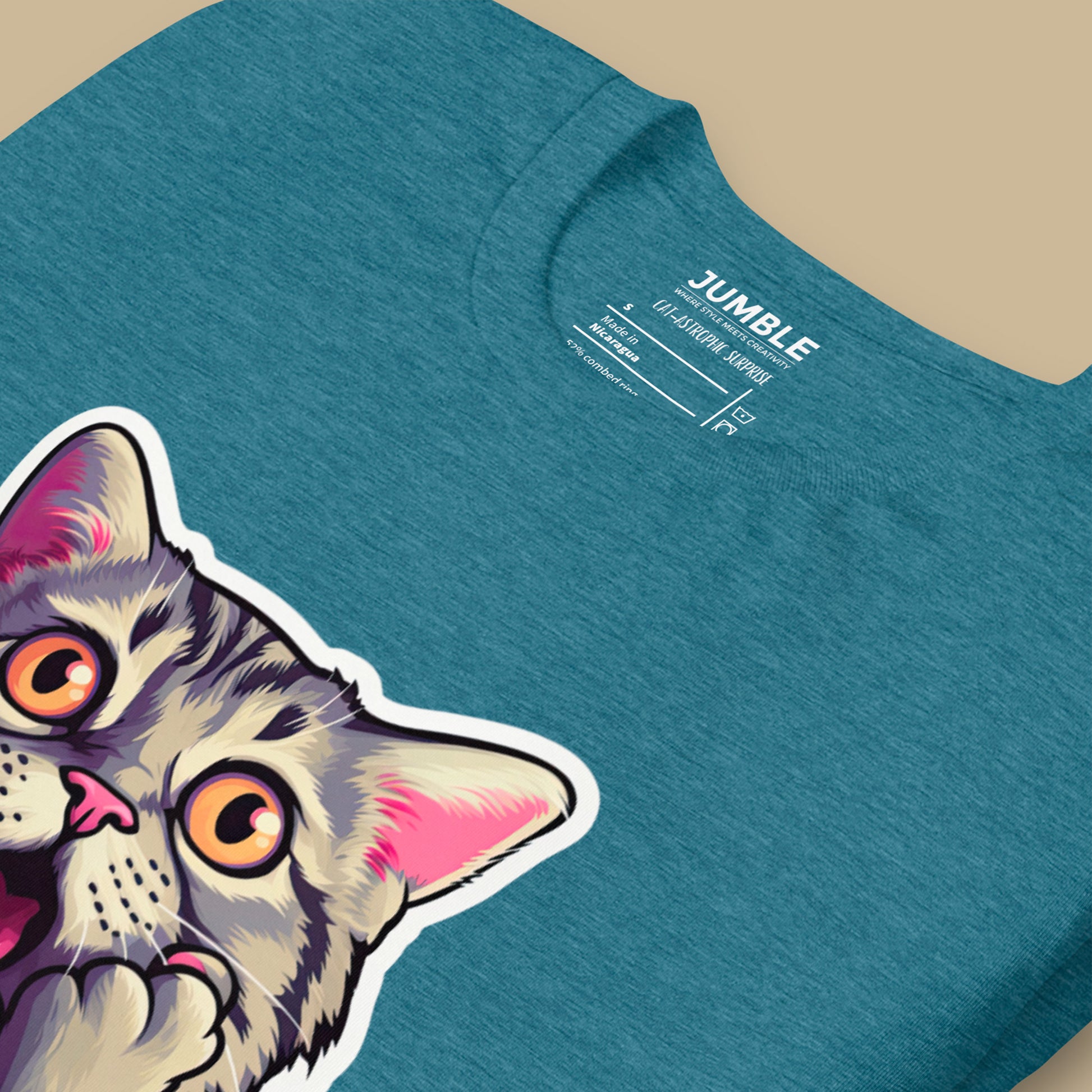 closeup of heather deep teal Cat-astrophic Surprise Unisex t-shirt 