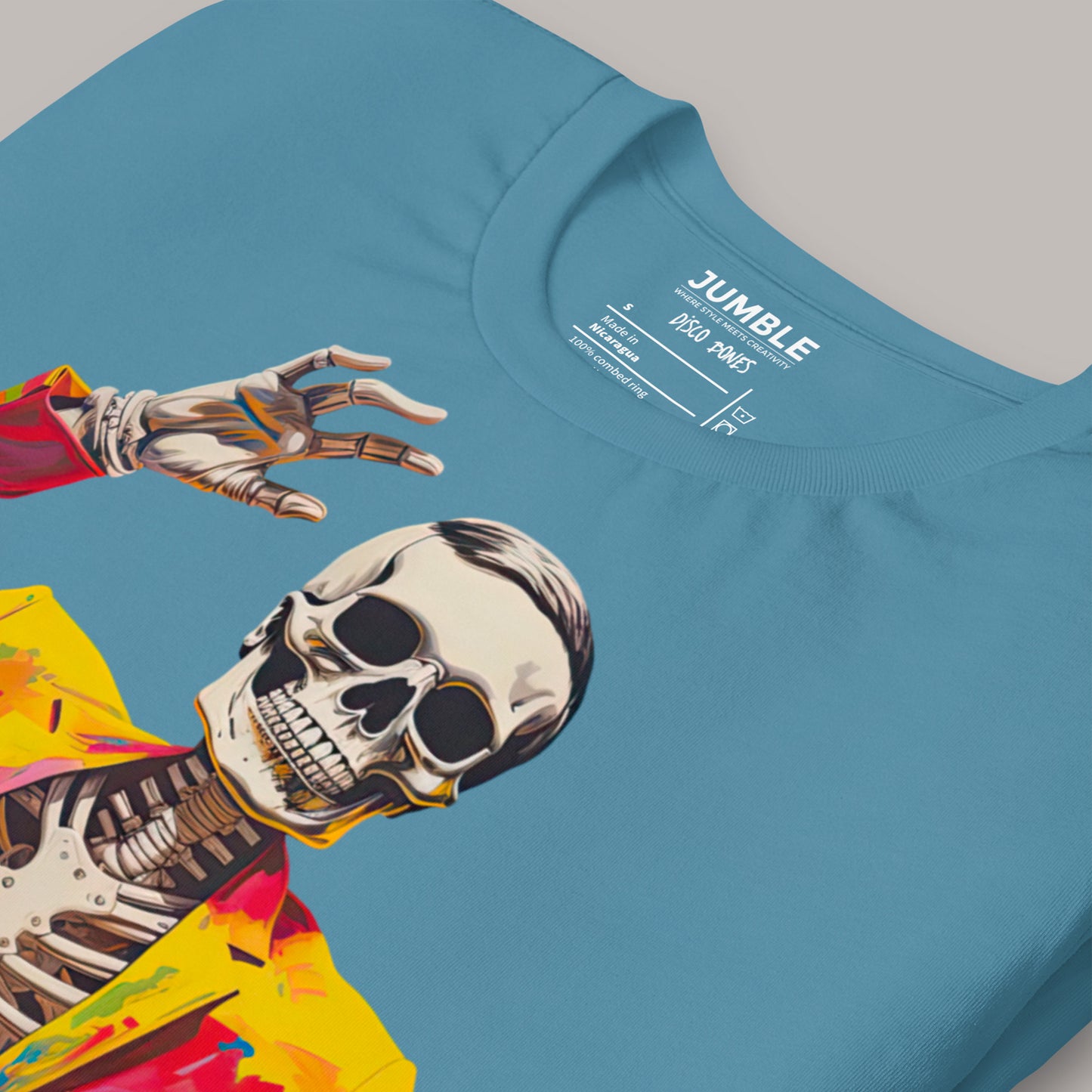 close up of steel blue Disco Bones Unisex t-shirt