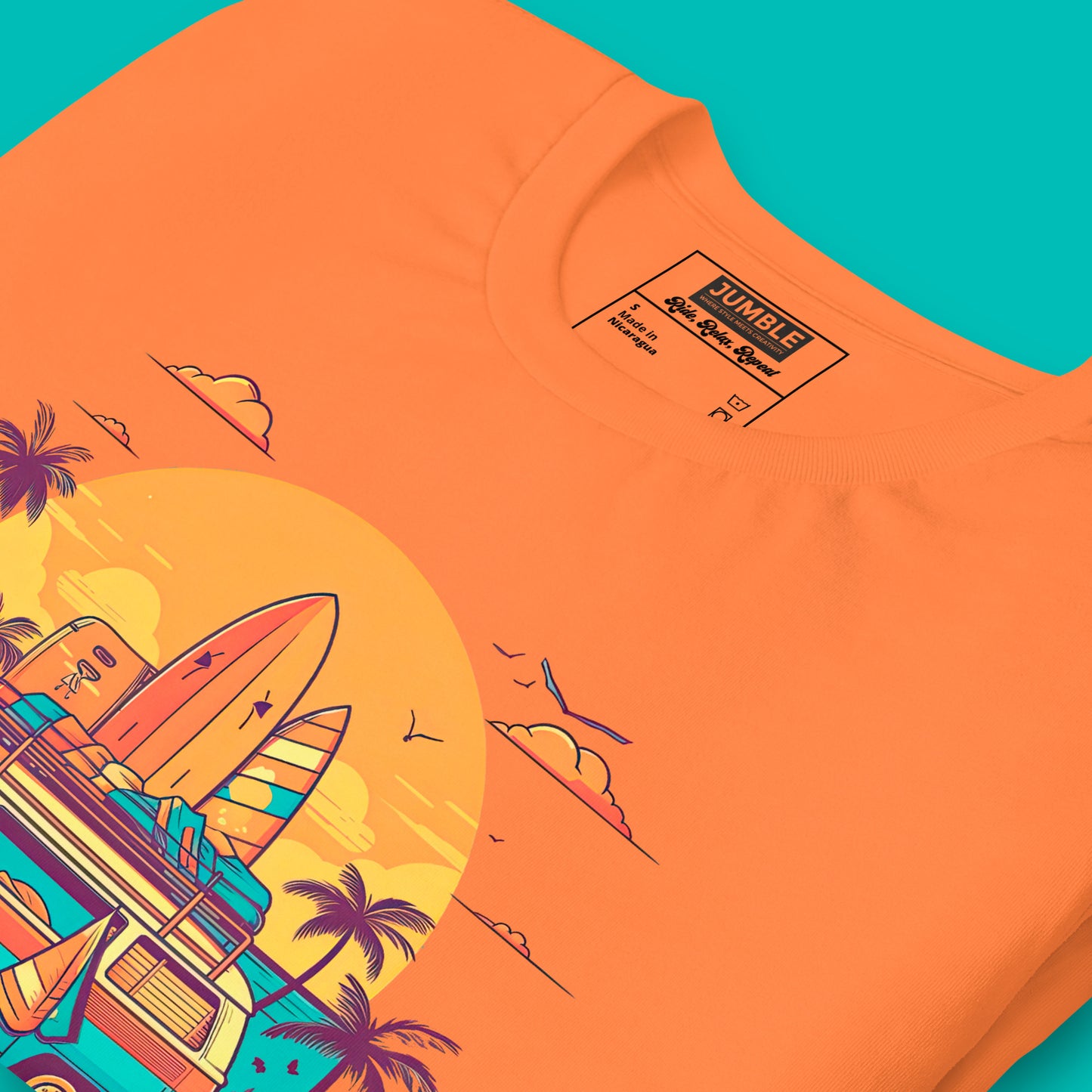 Close-up Folded Unisex "Ride, Relax, Repeat" T-Shirt in Burnt Orange