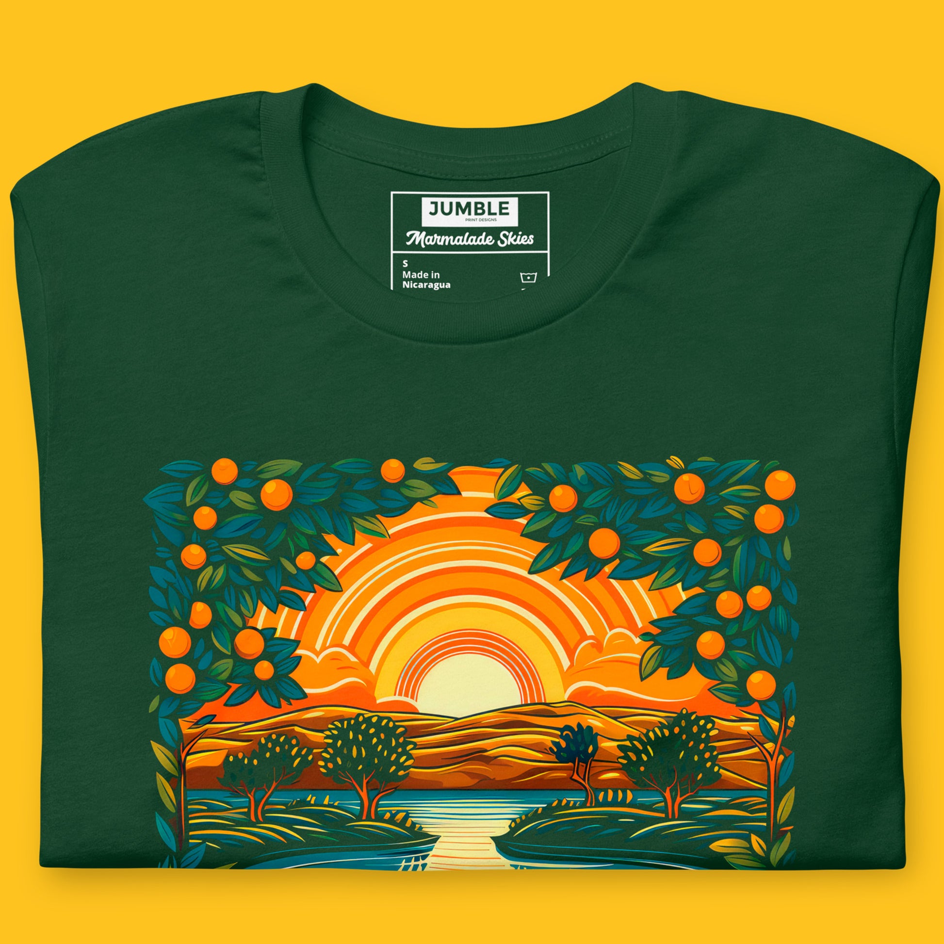 close up of Marmalade Skies Unisex t-shirt, in forest. Folded