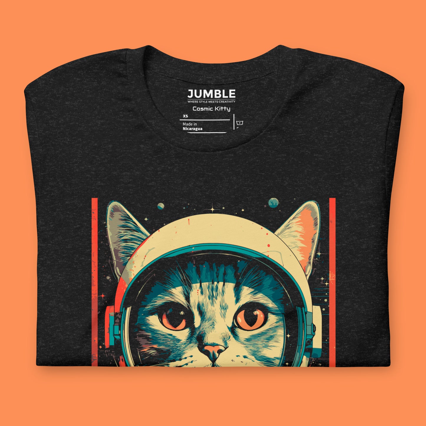 close up of black heather Cosmic Kitty Unisex t-shirt folded