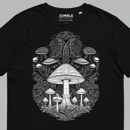 closeup of black Fungal Network Unisex organic cotton t-shirt