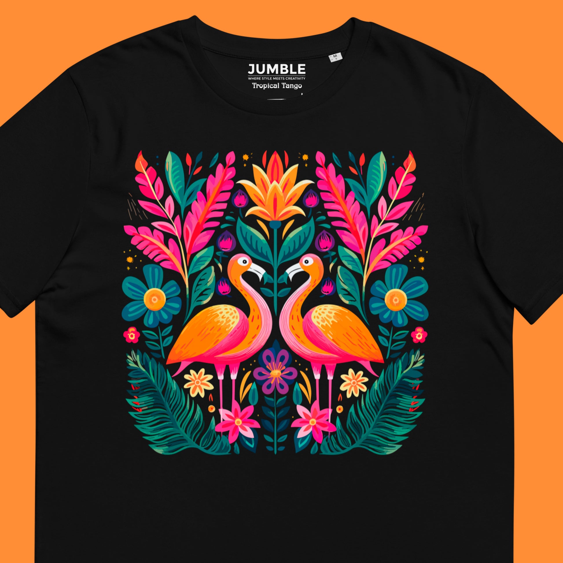 closeup of black Tropical Tango Unisex organic cotton t-shirt