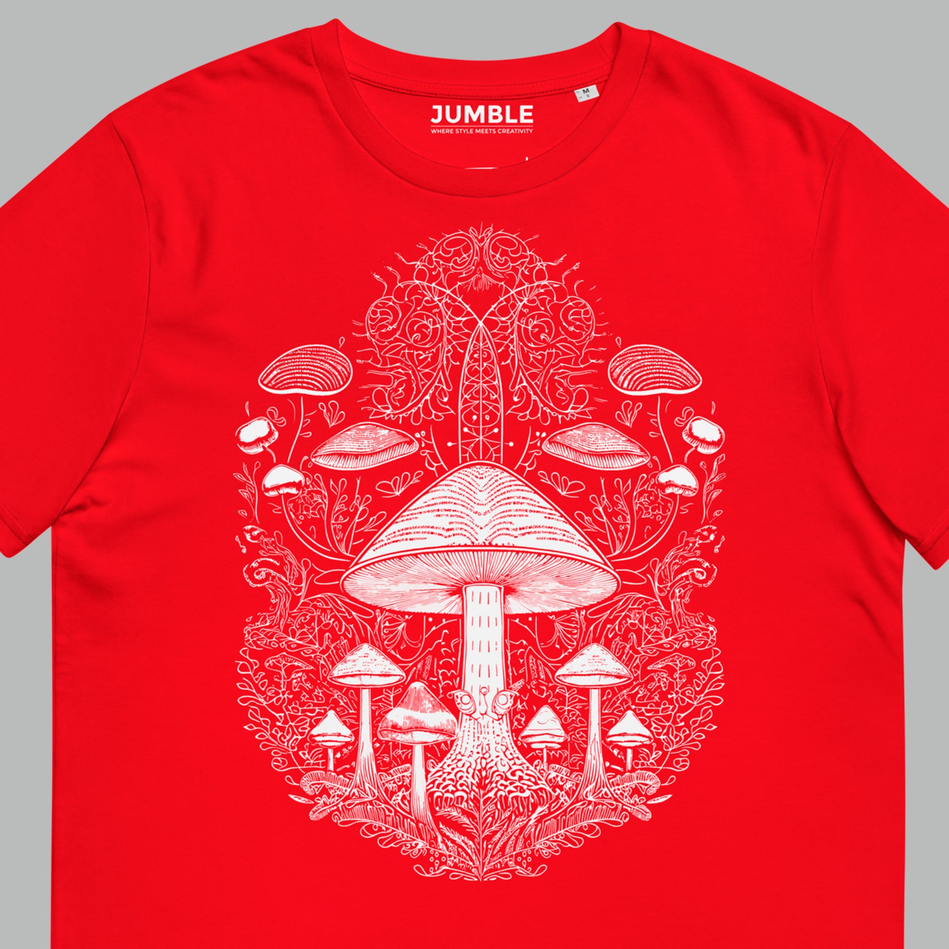 closeup of red Fungal Network Unisex organic cotton t-shirt