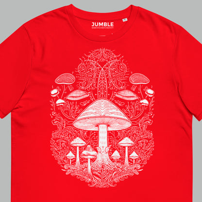 closeup of red Fungal Network Unisex organic cotton t-shirt