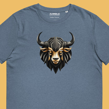 close up Golden Taurine Unisex organic cotton t-shirt, in dark heather blue