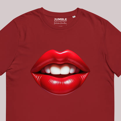 close up of Seductive Vermillion Unisex organic cotton t-shirt, in burgundy