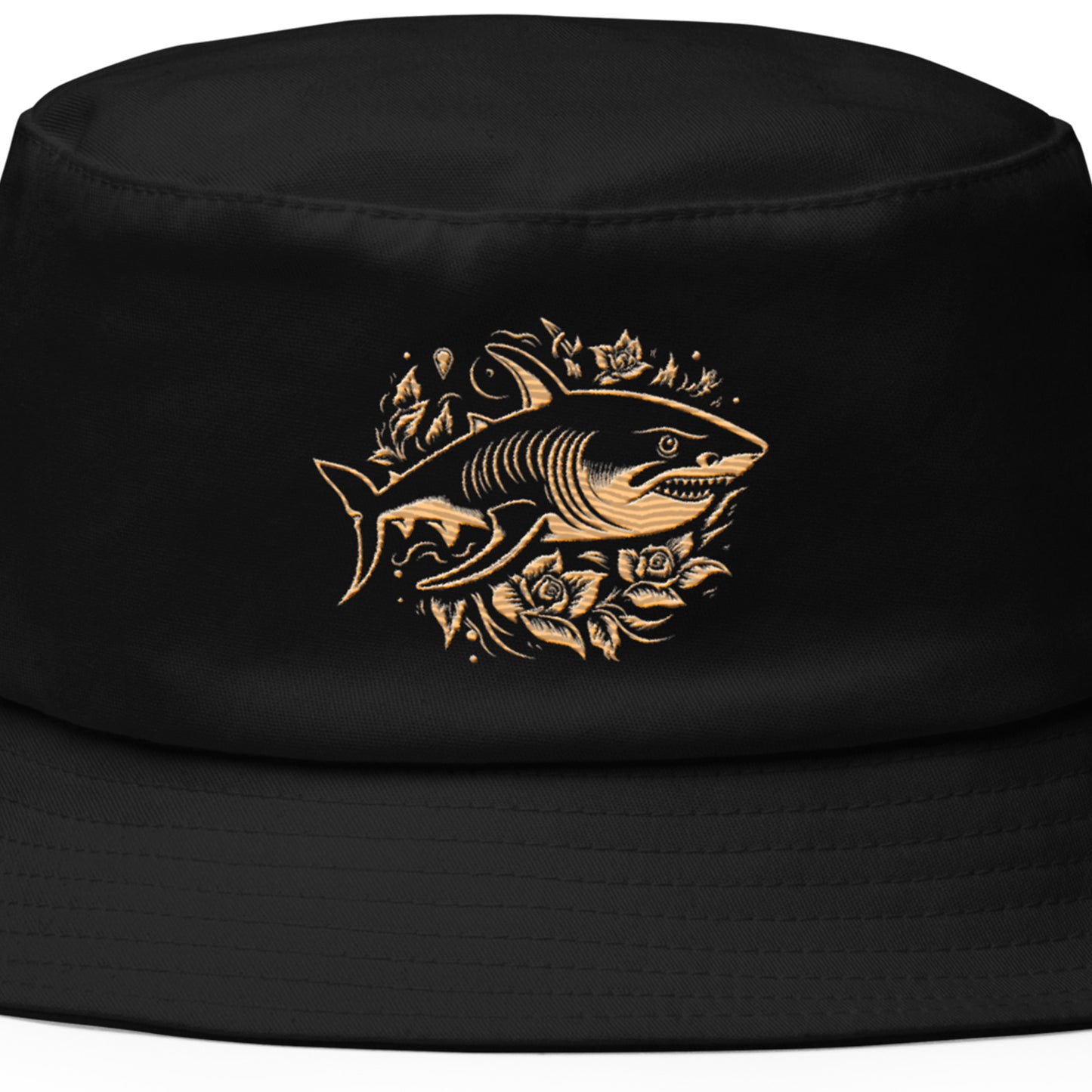 closeup of stitch detail on black Ka Manō Vintage Embroidered Bucket Hat