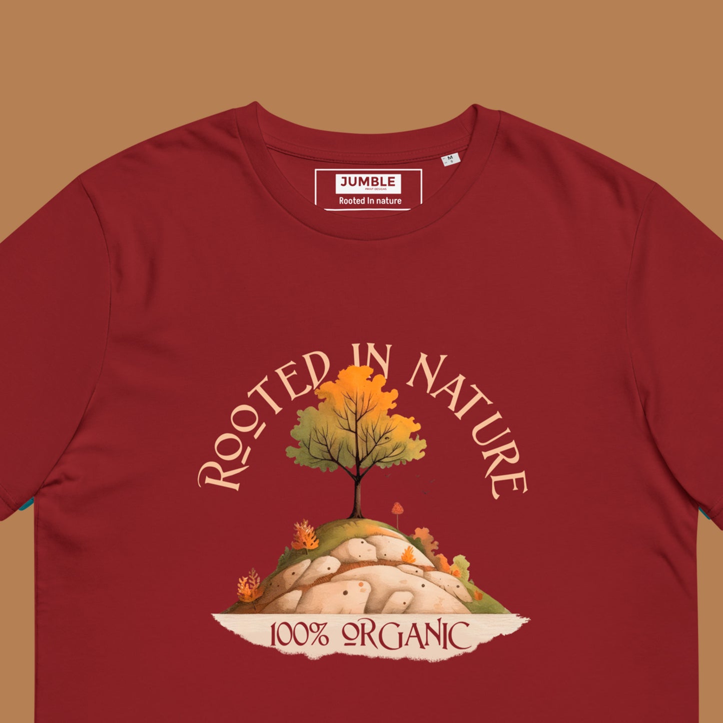 close up of Rooted in Nature Unisex organic cotton t-shirt- in burgundy