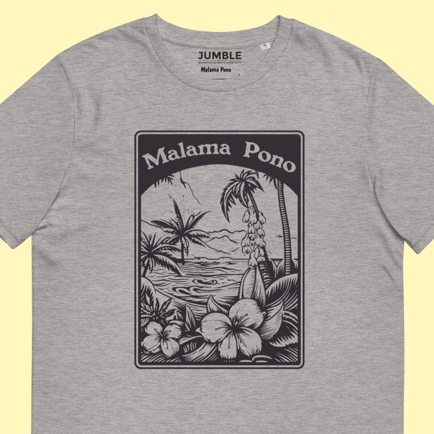 closeup of heather grey Malama Pono Unisex organic cotton t-shirt