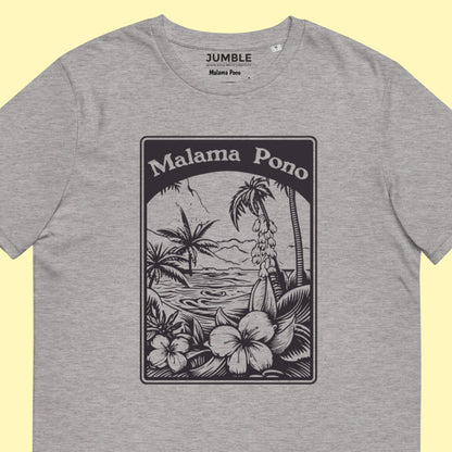 closeup of heather grey Malama Pono Unisex organic cotton t-shirt